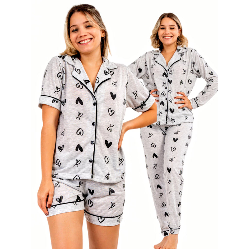 Kit 2 Pijamas Feminino Adulto Americano Curto e Longo Malha