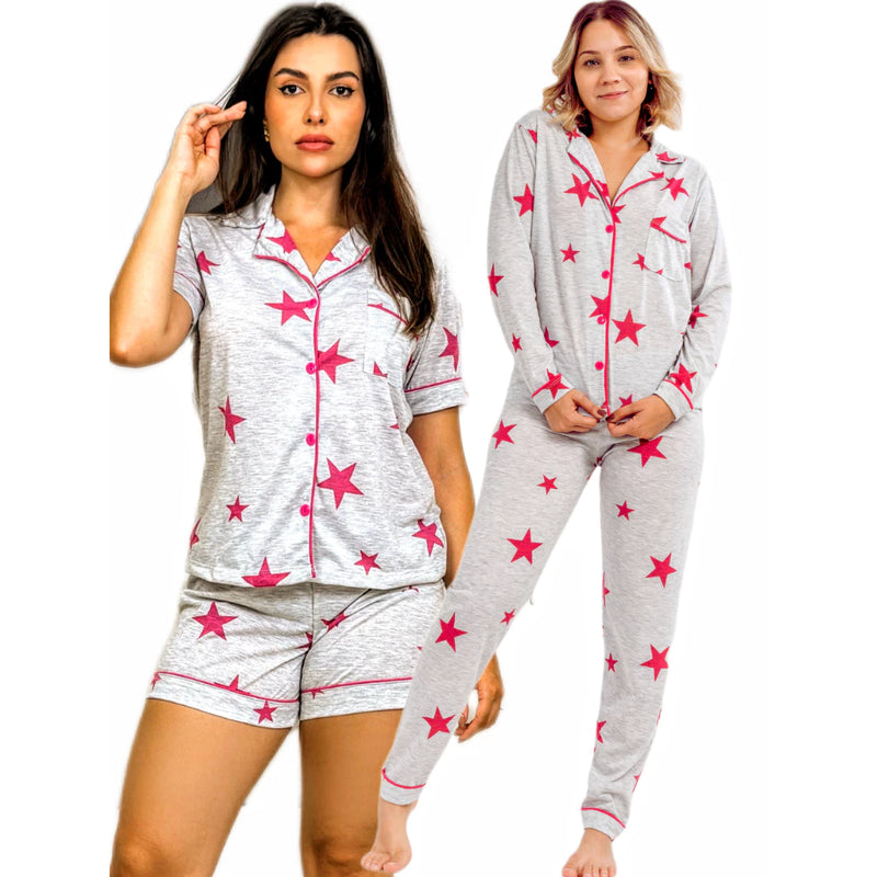 Kit 2 Pijamas Feminino Adulto Americano Curto e Longo Malha