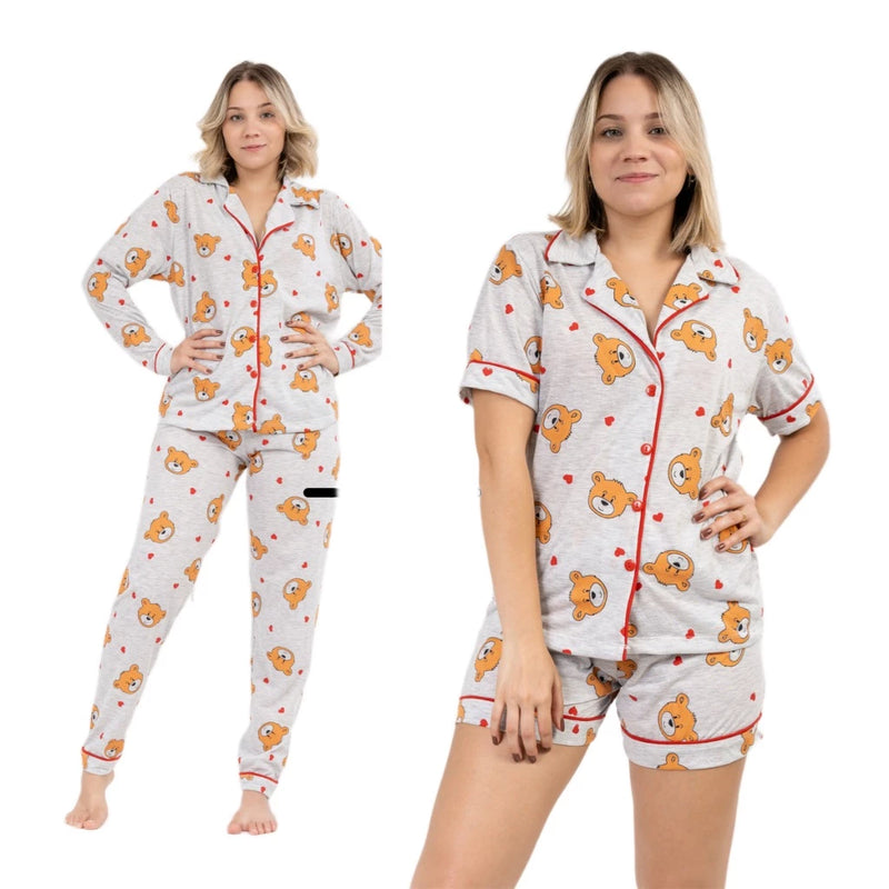 Kit 2 Pijamas Feminino Adulto Americano Curto e Longo Malha