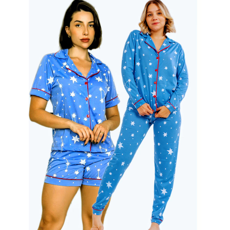 Kit 2 Pijamas Feminino Adulto Americano Curto e Longo Malha
