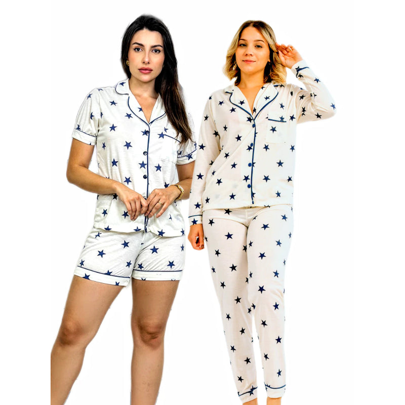 Kit 2 Pijamas Feminino Adulto Americano Curto e Longo Malha