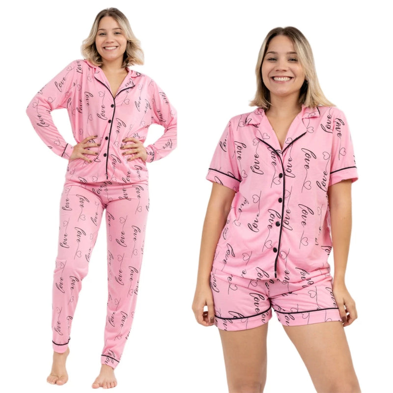 Kit 2 Pijamas Feminino Adulto Americano Curto e Longo Malha