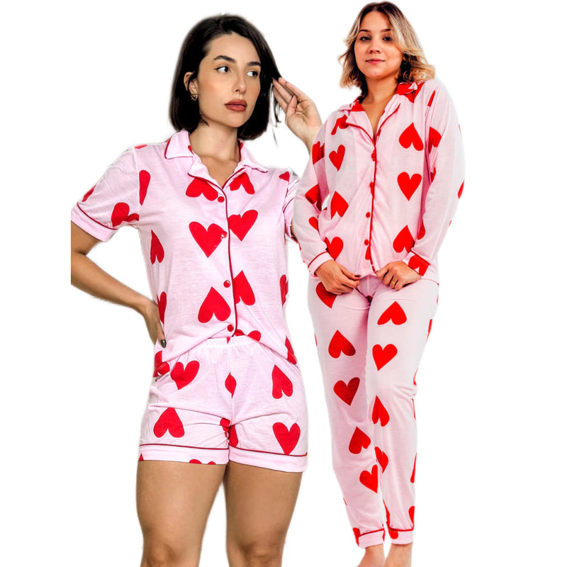 Kit 2 Pijamas Feminino Adulto Americano Curto e Longo Malha