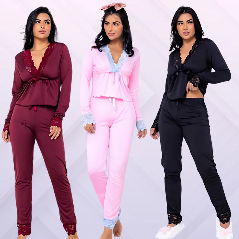 Kit Com 3 Pijamas Em Liganete Com Detalhes De Renda
