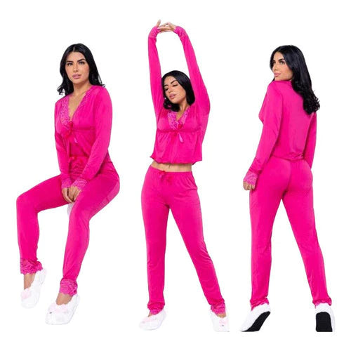 Kit Com 3 Pijamas Em Liganete Com Detalhes De Renda