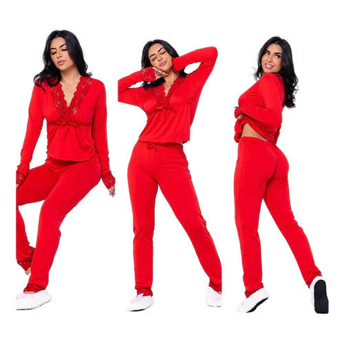 Kit Com 3 Pijamas Em Liganete Com Detalhes De Renda