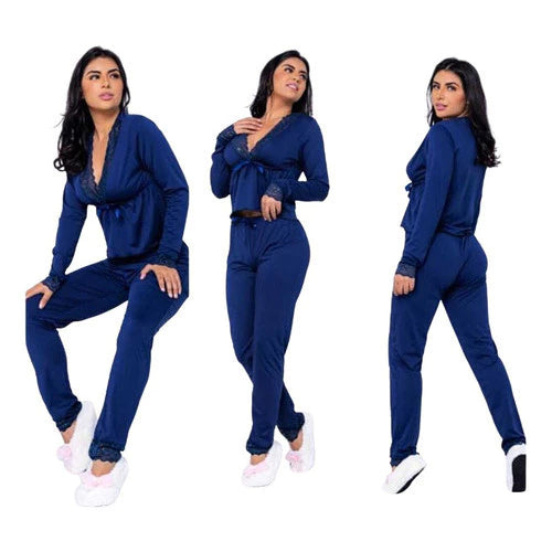 Kit Com 3 Pijamas Em Liganete Com Detalhes De Renda